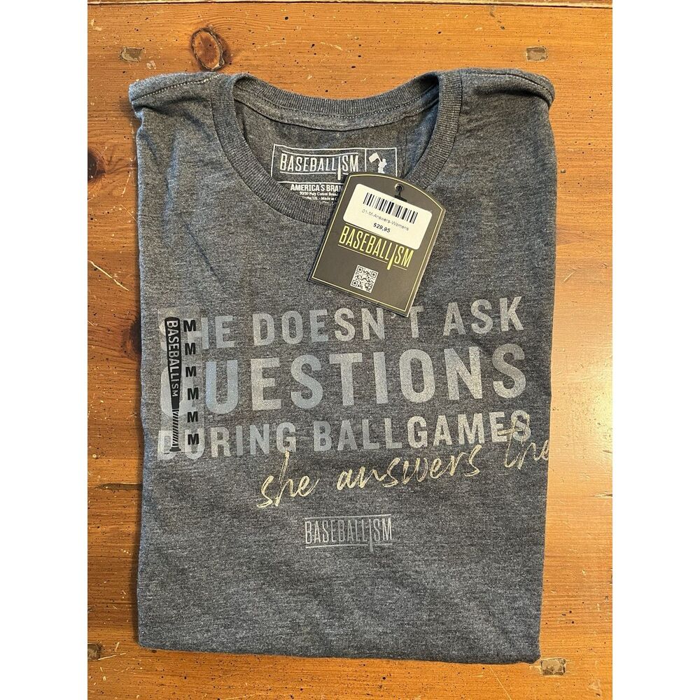 Baseballism | Women’s Graphic Tee | “She Doesn’t Ask Questions” | Blue Grey | Si
